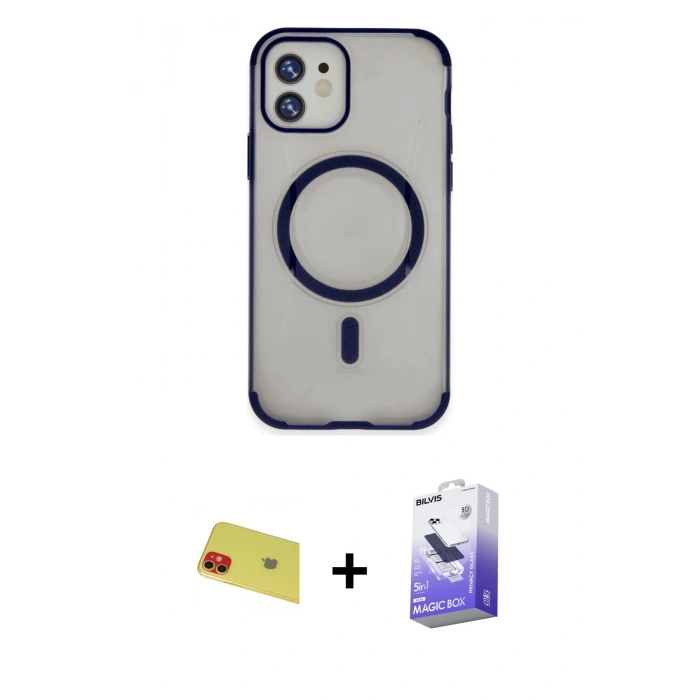 MARSİLYAN™- iPhone 11 Kılıf Eksen Klasik Koleksiyonu - Siyah Bilvis 5in1 5D Magic Hayalet Cam Ekran Koruyucu + Rainbow Kamera Lens Koruma Cam - KI
