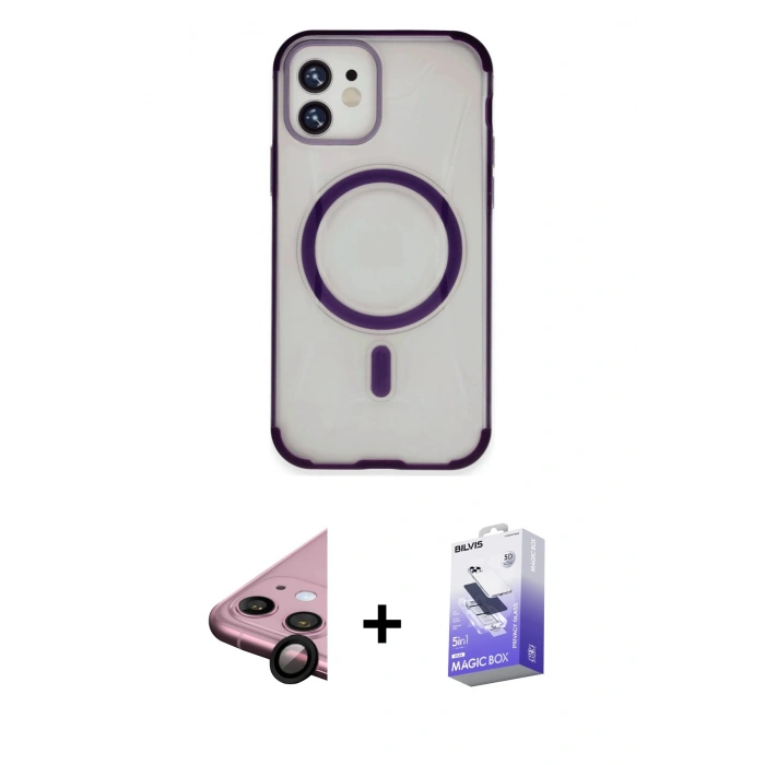 MARSİLYAN™- iPhone 11 Kılıf Eksen Klasik Koleksiyonu - Siyah Bilvis 5in1 5D Magic Hayalet Cam Ekran Koruyucu + Raze Metal Kamera Lens - SH