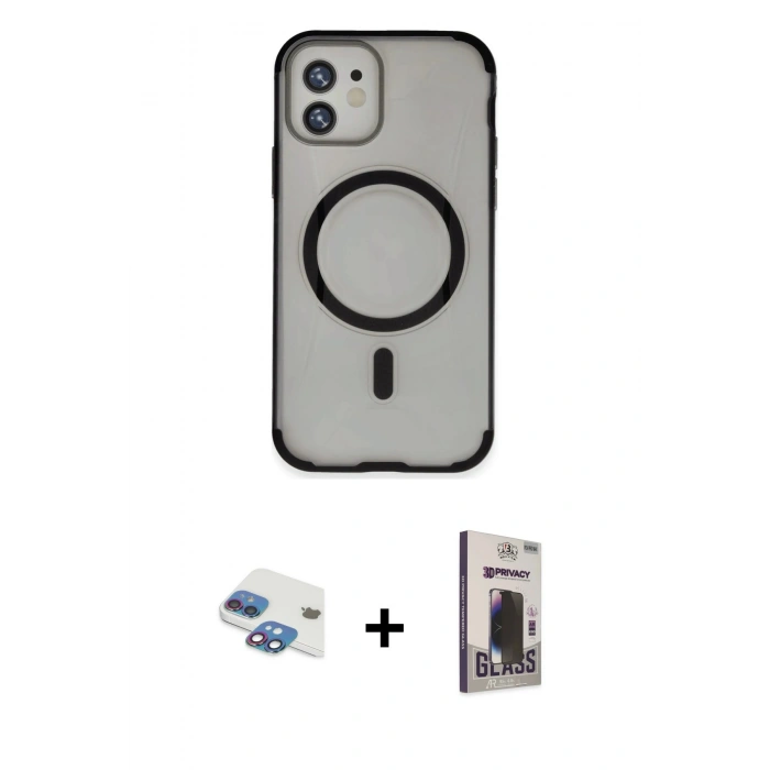 MARSİLYAN™- iPhone 11 Kılıf Eksen Klasik Koleksiyonu - Siyah Bilvis Hayalet Cam Ekran Koruyucu + Pers Alüminyum Kamera Lens - GI
