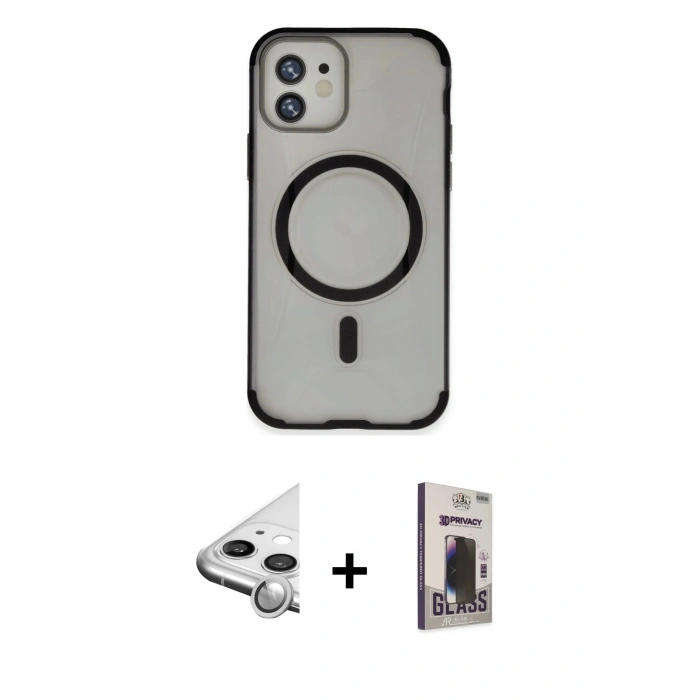 MARSİLYAN™- iPhone 11 Kılıf Eksen Klasik Koleksiyonu - Siyah Bilvis Hayalet Cam Ekran Koruyucu + Raze Metal Kamera Lens - GS