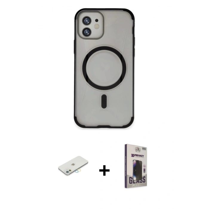 MARSİLYAN™- iPhone 11 Kılıf Eksen Klasik Koleksiyonu - Siyah Bilvis Hayalet Cam Ekran Koruyucu + Renkli Kamera Lens Koruma Cam - SI
