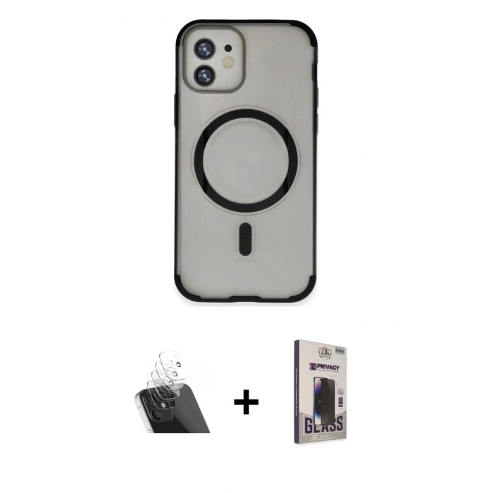 MARSİLYAN™- iPhone 11 Kılıf Eksen Klasik Koleksiyonu - Siyah Bilvis Hayalet Cam Ekran Koruyucu + Kamera Lens Koruma Cam - SF