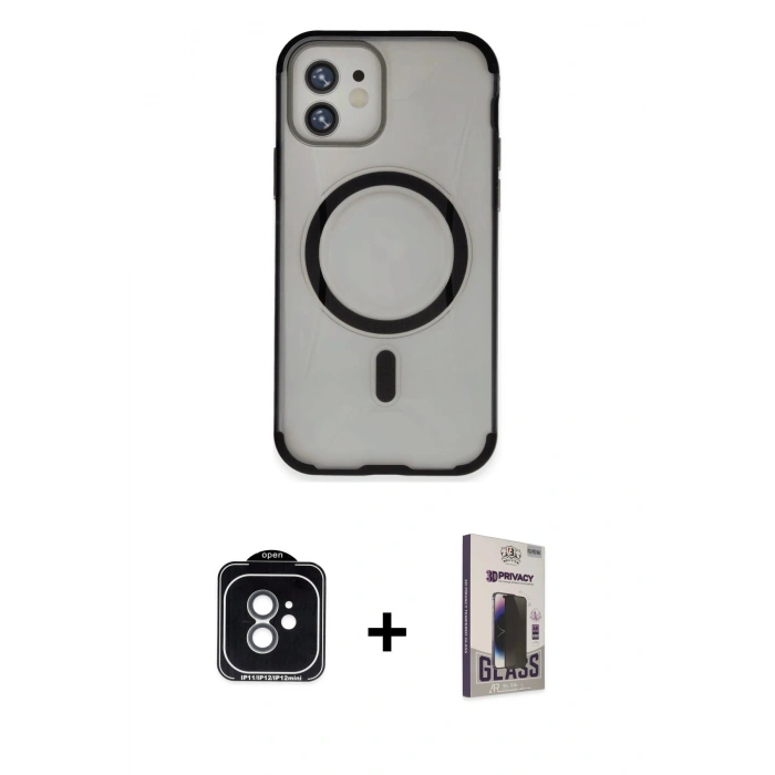 MARSİLYAN™- iPhone 11 Kılıf Eksen Klasik Koleksiyonu - Siyah Bilvis Hayalet Cam Ekran Koruyucu + PVD Metal Kamera Lens - YL