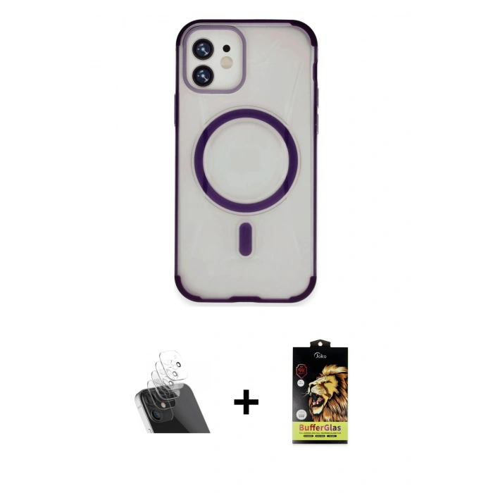 MARSİLYAN™- iPhone 11 Kılıf Eksen Klasik Koleksiyonu - Siyah Buffer Cam Ekran Koruyucu + Kamera Lens Koruma Cam - SF