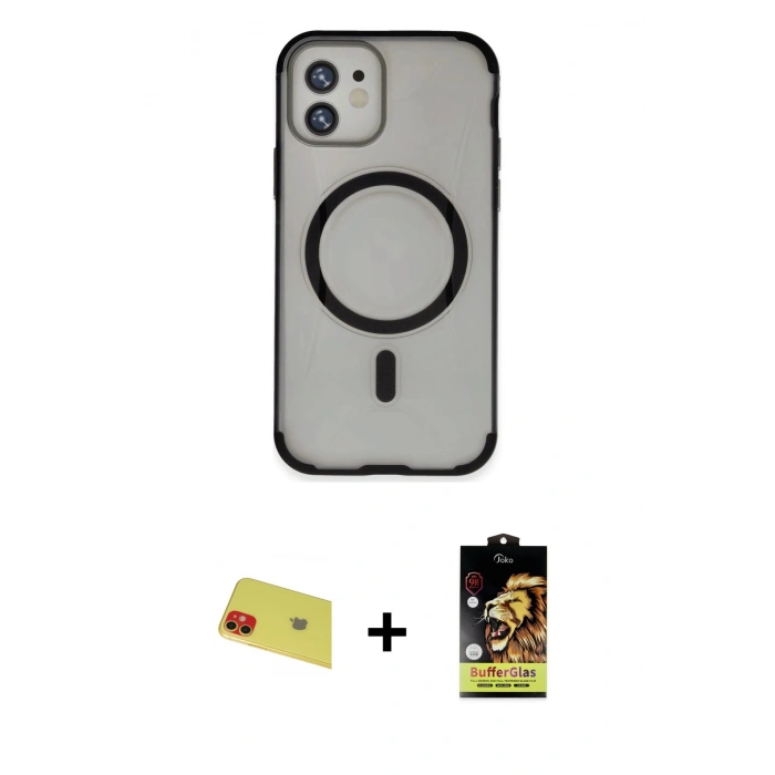 MARSİLYAN™- iPhone 11 Kılıf Eksen Klasik Koleksiyonu - Siyah Buffer Cam Ekran Koruyucu + Rainbow Kamera Lens Koruma Cam - KI