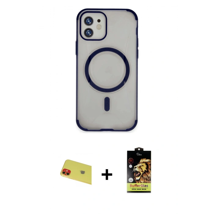 MARSİLYAN™- iPhone 11 Kılıf Eksen Klasik Koleksiyonu - Siyah Buffer Cam Ekran Koruyucu + Rainbow Kamera Lens Koruma Cam - KI