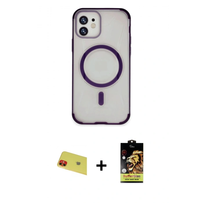 MARSİLYAN™- iPhone 11 Kılıf Eksen Klasik Koleksiyonu - Siyah Buffer Cam Ekran Koruyucu + Rainbow Kamera Lens Koruma Cam - KI