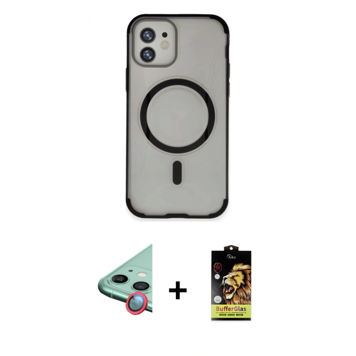 MARSİLYAN™- iPhone 11 Kılıf Eksen Klasik Koleksiyonu - Siyah Buffer Cam Ekran Koruyucu + Raze Metal Kamera Lens - KI