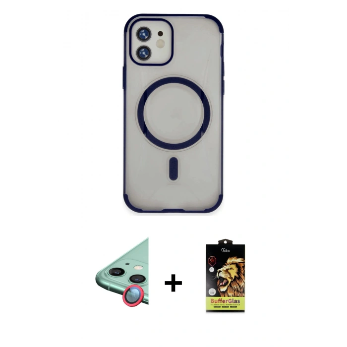 MARSİLYAN™- iPhone 11 Kılıf Eksen Klasik Koleksiyonu - Siyah Buffer Cam Ekran Koruyucu + Raze Metal Kamera Lens - KI