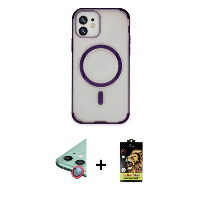 MARSİLYAN™- iPhone 11 Kılıf Eksen Klasik Koleksiyonu - Siyah Buffer Cam Ekran Koruyucu + Raze Metal Kamera Lens - KI