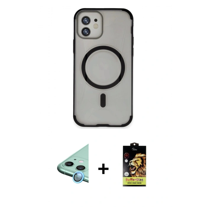 MARSİLYAN™- iPhone 11 Kılıf Eksen Klasik Koleksiyonu - Siyah Buffer Cam Ekran Koruyucu + Raze Metal Kamera Lens - MI