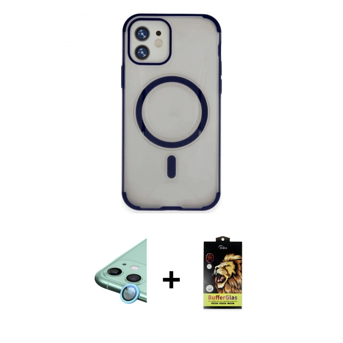 MARSİLYAN™- iPhone 11 Kılıf Eksen Klasik Koleksiyonu - Siyah Buffer Cam Ekran Koruyucu + Raze Metal Kamera Lens - MI
