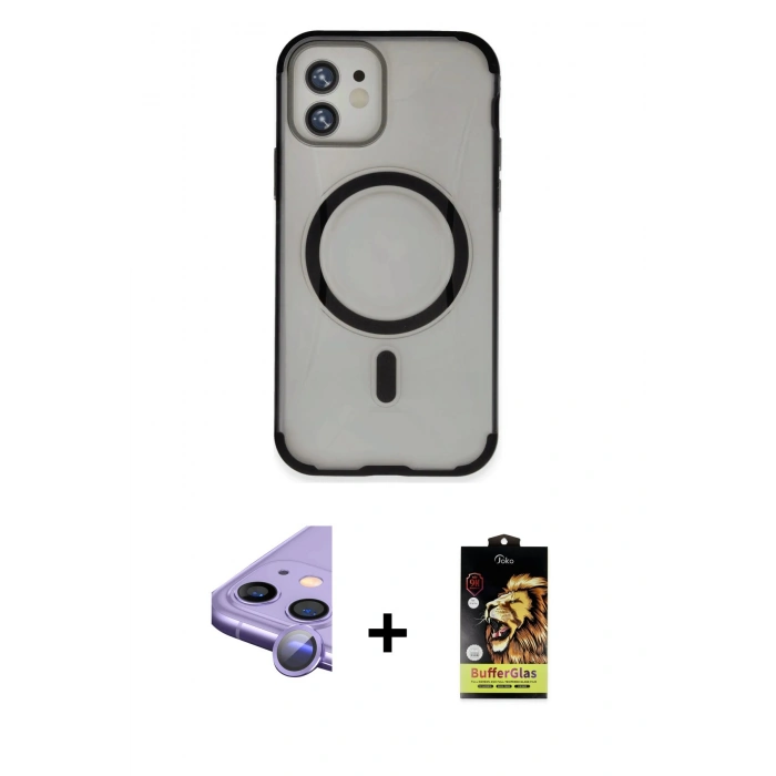 MARSİLYAN™- iPhone 11 Kılıf Eksen Klasik Koleksiyonu - Siyah Buffer Cam Ekran Koruyucu + Raze Metal Kamera Lens - MR