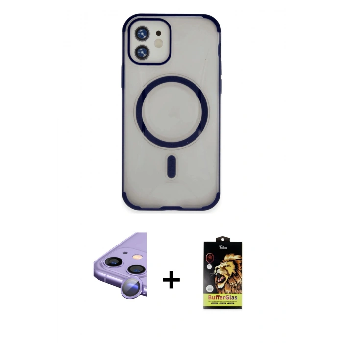 MARSİLYAN™- iPhone 11 Kılıf Eksen Klasik Koleksiyonu - Siyah Buffer Cam Ekran Koruyucu + Raze Metal Kamera Lens - MR