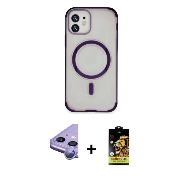 MARSİLYAN™- iPhone 11 Kılıf Eksen Klasik Koleksiyonu - Siyah Buffer Cam Ekran Koruyucu + Raze Metal Kamera Lens - MR