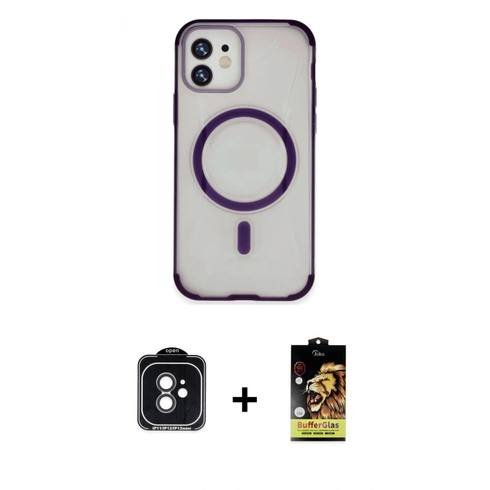 MARSİLYAN™- iPhone 11 Kılıf Eksen Klasik Koleksiyonu - Siyah Buffer Cam Ekran Koruyucu + PVD Metal Kamera Lens - SH