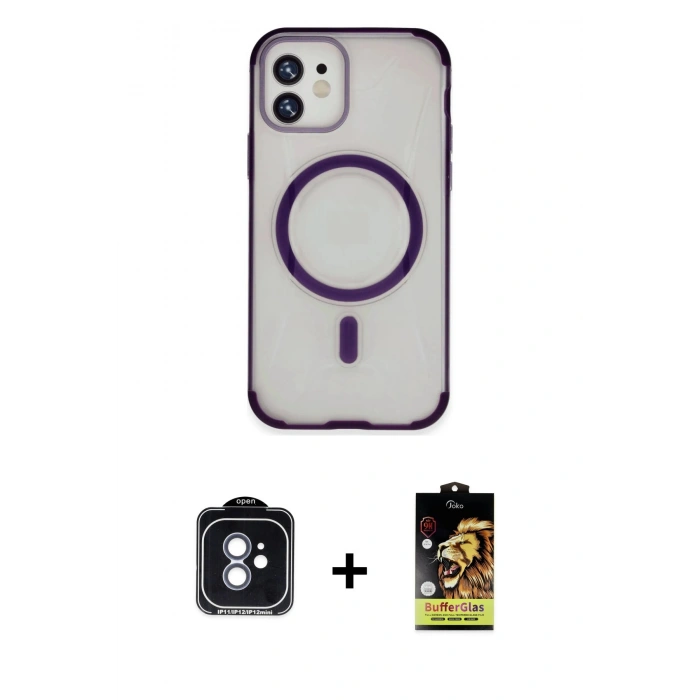 MARSİLYAN™- iPhone 11 Kılıf Eksen Klasik Koleksiyonu - Siyah Buffer Cam Ekran Koruyucu + PVD Metal Kamera Lens - MI