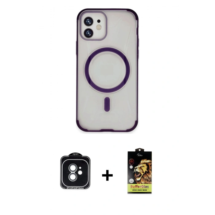 MARSİLYAN™- iPhone 11 Kılıf Eksen Klasik Koleksiyonu - Siyah Buffer Cam Ekran Koruyucu + PVD Metal Kamera Lens - YL