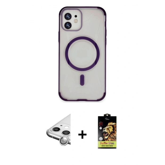 MARSİLYAN™- iPhone 11 Kılıf Eksen Klasik Koleksiyonu - Siyah Buffer Cam Ekran Koruyucu + Raze Metal Kamera Lens - GS