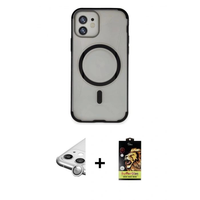 MARSİLYAN™- iPhone 11 Kılıf Eksen Klasik Koleksiyonu - Siyah Buffer Cam Ekran Koruyucu + Raze Metal Kamera Lens - GS