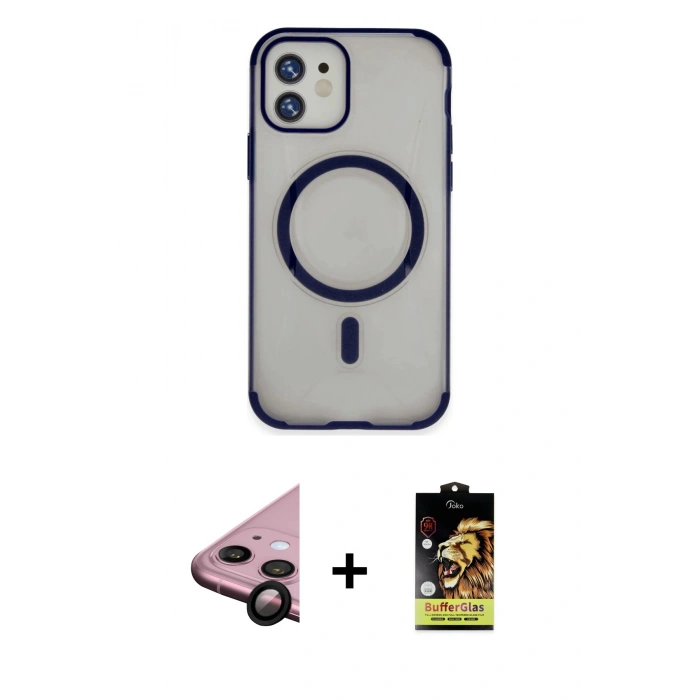 MARSİLYAN™- iPhone 11 Kılıf Eksen Klasik Koleksiyonu - Siyah Buffer Cam Ekran Koruyucu + Raze Metal Kamera Lens - SH