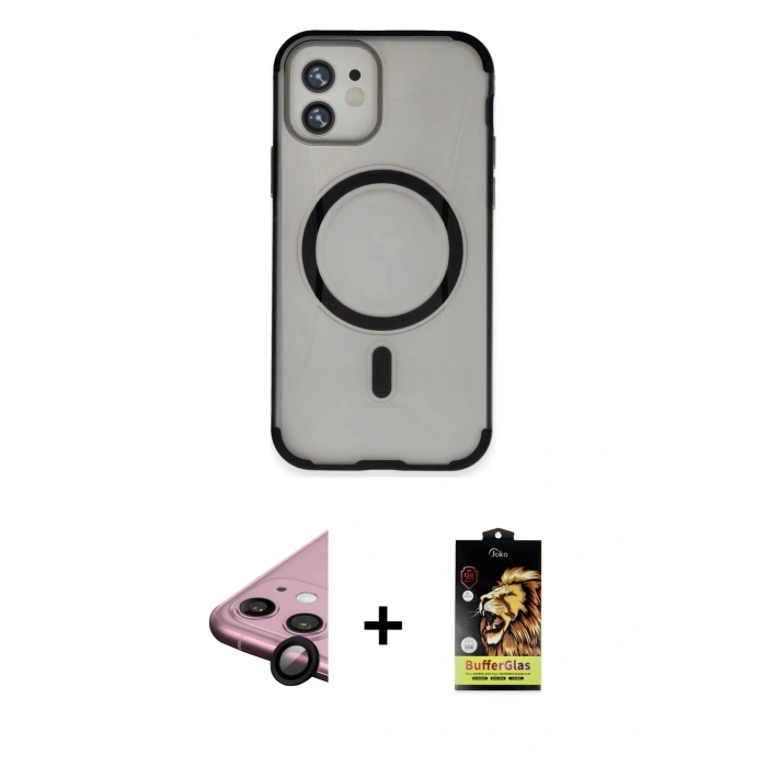 MARSİLYAN™- iPhone 11 Kılıf Eksen Klasik Koleksiyonu - Siyah Buffer Cam Ekran Koruyucu + Raze Metal Kamera Lens - SH
