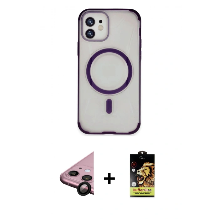 MARSİLYAN™- iPhone 11 Kılıf Eksen Klasik Koleksiyonu - Siyah Buffer Cam Ekran Koruyucu + Raze Metal Kamera Lens - SH