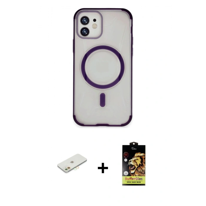 MARSİLYAN™- iPhone 11 Kılıf Eksen Klasik Koleksiyonu - Siyah Buffer Cam Ekran Koruyucu + Renkli Kamera Lens Koruma Cam - TU