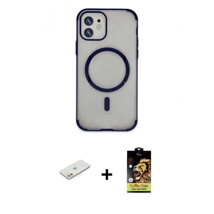 MARSİLYAN™- iPhone 11 Kılıf Eksen Klasik Koleksiyonu - Siyah Buffer Cam Ekran Koruyucu + Renkli Kamera Lens Koruma Cam - TU