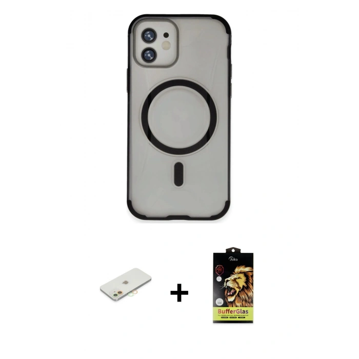 MARSİLYAN™- iPhone 11 Kılıf Eksen Klasik Koleksiyonu - Siyah Buffer Cam Ekran Koruyucu + Renkli Kamera Lens Koruma Cam - TU