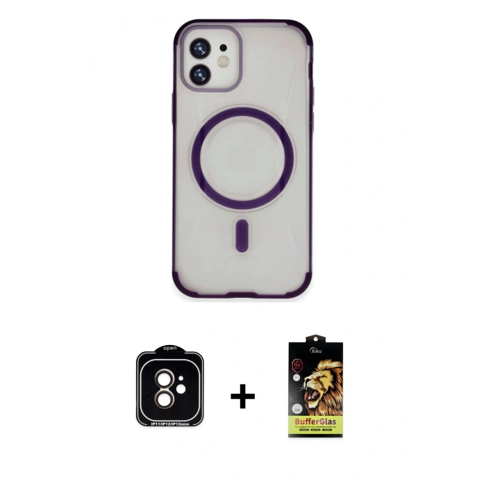 MARSİLYAN™- iPhone 11 Kılıf Eksen Klasik Koleksiyonu - Siyah Buffer Cam Ekran Koruyucu + PVD Metal Kamera Lens - TU