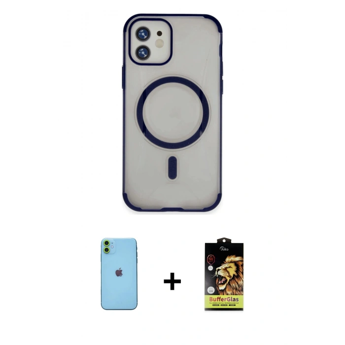 MARSİLYAN™- iPhone 11 Kılıf Eksen Klasik Koleksiyonu - Siyah Buffer Cam Ekran Koruyucu + Neon Fosforlu Kamera Lens - YL