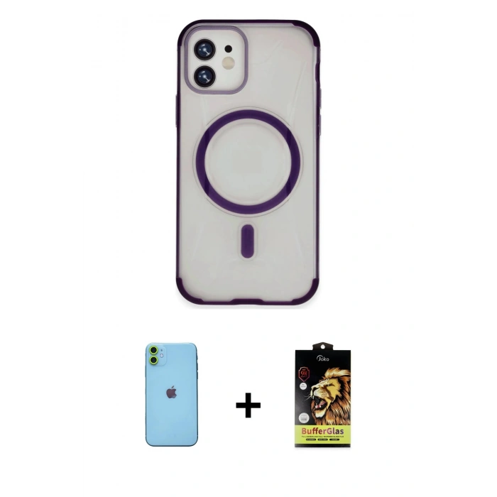 MARSİLYAN™- iPhone 11 Kılıf Eksen Klasik Koleksiyonu - Siyah Buffer Cam Ekran Koruyucu + Neon Fosforlu Kamera Lens - YL