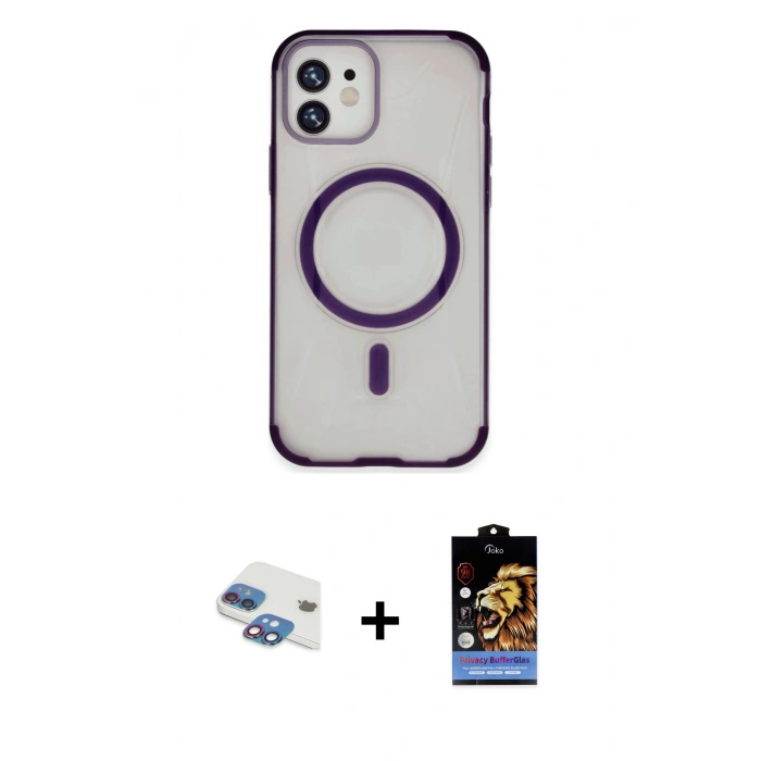 MARSİLYAN™- iPhone 11 Kılıf Eksen Klasik Koleksiyonu - Siyah Buffer Hayalet Cam Ekran Koruyucu + Gökkuşağı Pers Alüminyum Kamera Lens