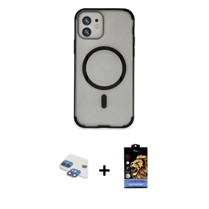 MARSİLYAN™- iPhone 11 Kılıf Eksen Klasik Koleksiyonu - Siyah Buffer Hayalet Cam Ekran Koruyucu + Gökkuşağı Pers Alüminyum Kamera Lens