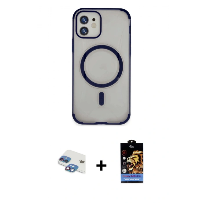MARSİLYAN™- iPhone 11 Kılıf Eksen Klasik Koleksiyonu - Siyah Buffer Hayalet Cam Ekran Koruyucu + Gökkuşağı Pers Alüminyum Kamera Lens