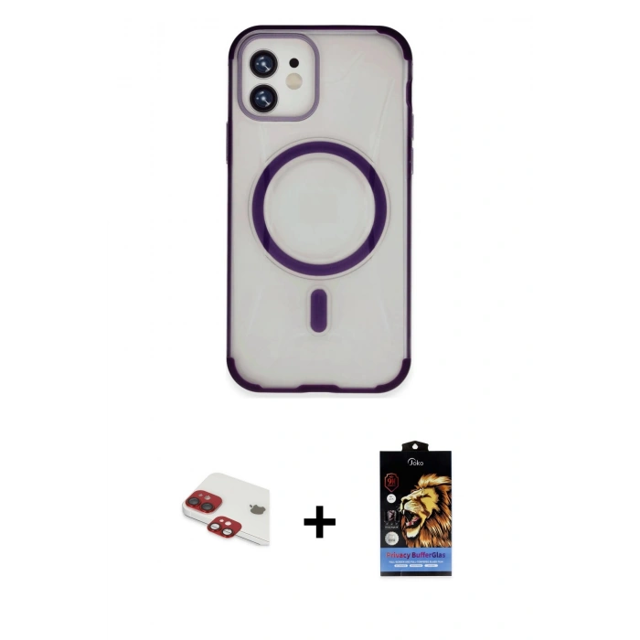 MARSİLYAN™- iPhone 11 Kılıf Eksen Klasik Koleksiyonu - Siyah Buffer Hayalet Cam Ekran Koruyucu + Kırmızı Pers Alüminyum Kamera Lens