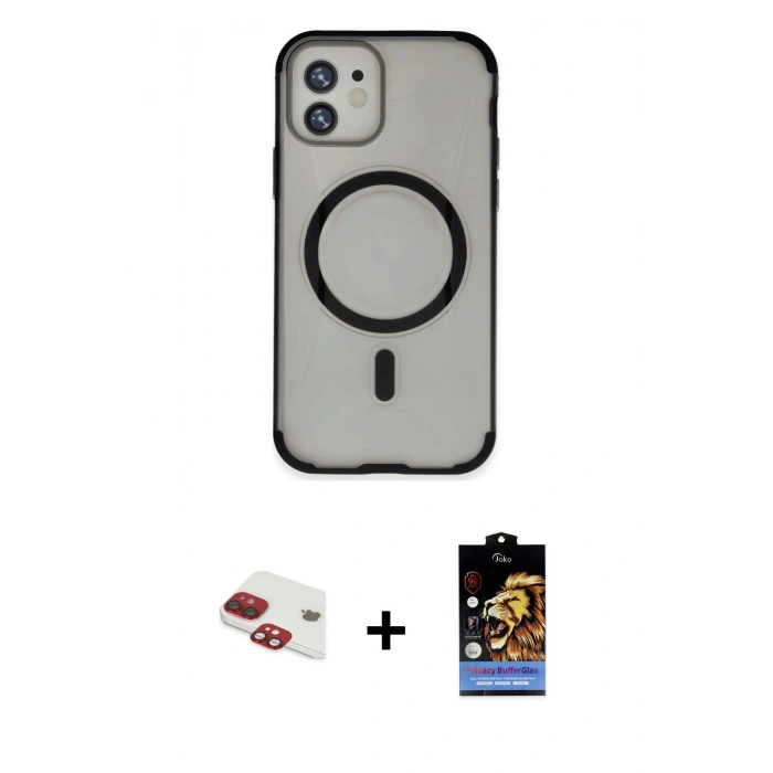 MARSİLYAN™- iPhone 11 Kılıf Eksen Klasik Koleksiyonu - Siyah Buffer Hayalet Cam Ekran Koruyucu + Kırmızı Pers Alüminyum Kamera Lens