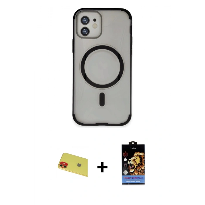 MARSİLYAN™- iPhone 11 Kılıf Eksen Klasik Koleksiyonu - Siyah Buffer Hayalet Cam Ekran Koruyucu + Rainbow Kamera Lens Koruma Cam - KI