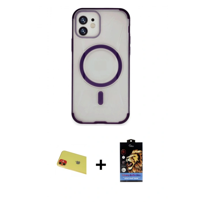 MARSİLYAN™- iPhone 11 Kılıf Eksen Klasik Koleksiyonu - Siyah Buffer Hayalet Cam Ekran Koruyucu + Rainbow Kamera Lens Koruma Cam - KI