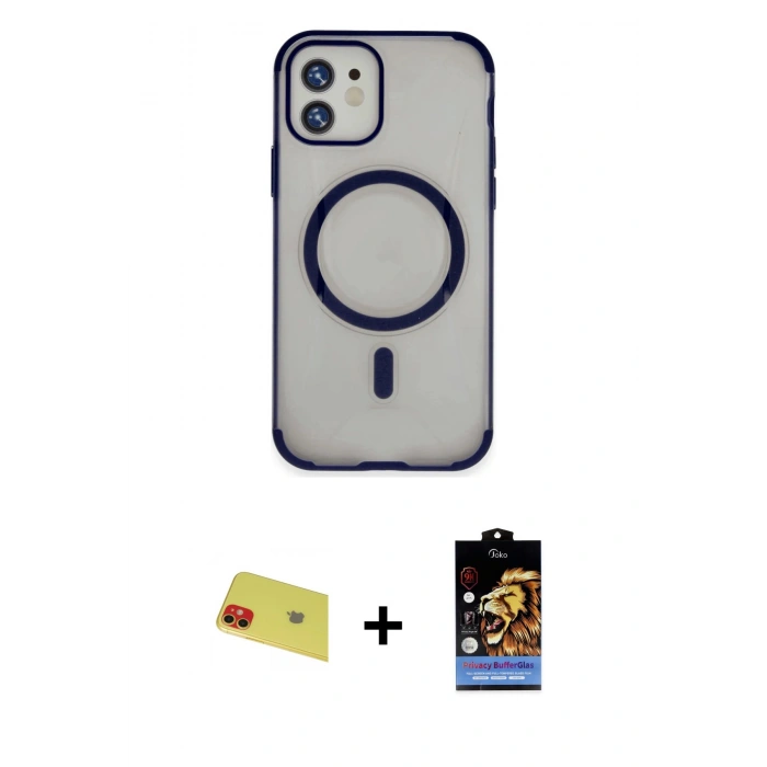 MARSİLYAN™- iPhone 11 Kılıf Eksen Klasik Koleksiyonu - Siyah Buffer Hayalet Cam Ekran Koruyucu + Rainbow Kamera Lens Koruma Cam - KI