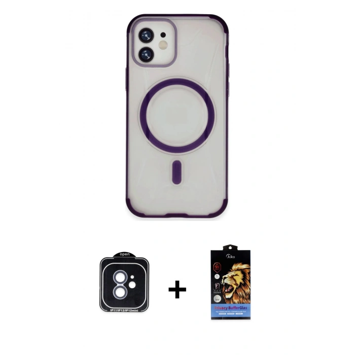 MARSİLYAN™- iPhone 11 Kılıf Eksen Klasik Koleksiyonu - Siyah Buffer Hayalet Cam Ekran Koruyucu + PVD Metal Kamera Lens - MI