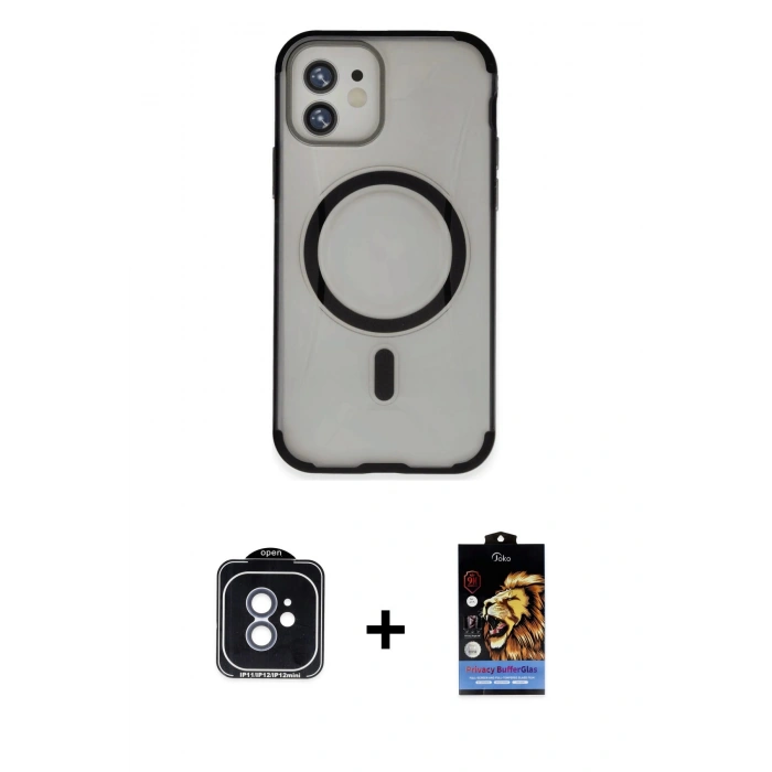 MARSİLYAN™- iPhone 11 Kılıf Eksen Klasik Koleksiyonu - Siyah Buffer Hayalet Cam Ekran Koruyucu + PVD Metal Kamera Lens - MI