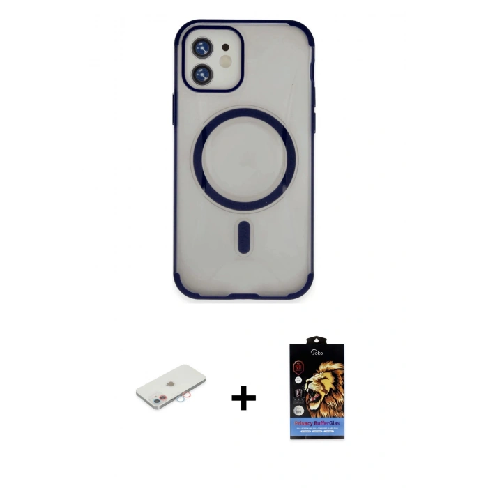MARSİLYAN™- iPhone 11 Kılıf Eksen Klasik Koleksiyonu - Siyah Buffer Hayalet Cam Ekran Koruyucu + Renkli Kamera Lens Koruma Cam - PE