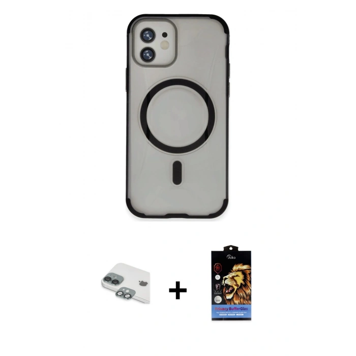 MARSİLYAN™- iPhone 11 Kılıf Eksen Klasik Koleksiyonu - Siyah Buffer Hayalet Cam Ekran Koruyucu + Pers Alüminyum Kamera Lens - YL