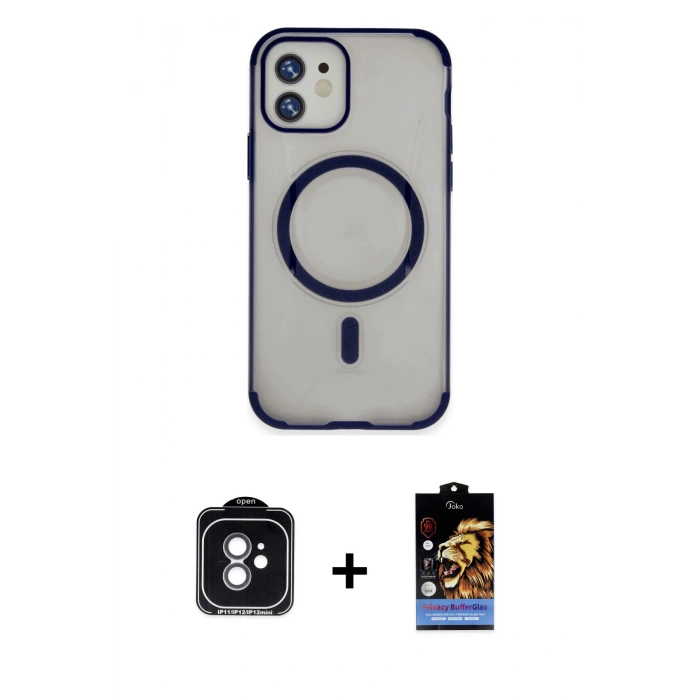 MARSİLYAN™- iPhone 11 Kılıf Eksen Klasik Koleksiyonu - Siyah Buffer Hayalet Cam Ekran Koruyucu + PVD Metal Kamera Lens - YL