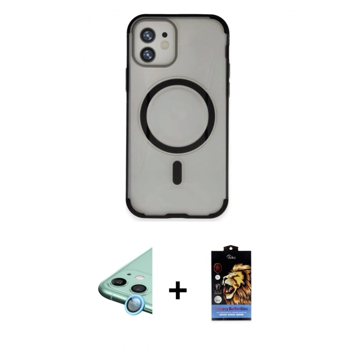 MARSİLYAN™- iPhone 11 Kılıf Eksen Klasik Koleksiyonu - Siyah Buffer Hayalet Cam Ekran Koruyucu + Raze Metal Kamera Lens - MI