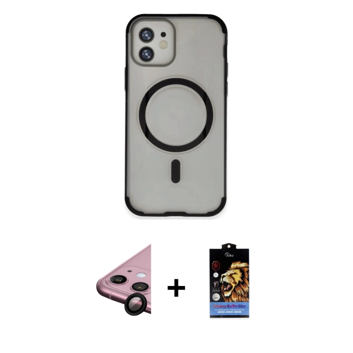 MARSİLYAN™- iPhone 11 Kılıf Eksen Klasik Koleksiyonu - Siyah Buffer Hayalet Cam Ekran Koruyucu + Raze Metal Kamera Lens - SH