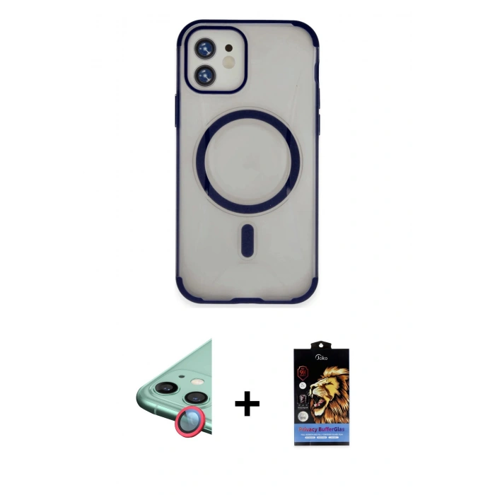 MARSİLYAN™- iPhone 11 Kılıf Eksen Klasik Koleksiyonu - Siyah Buffer Hayalet Cam Ekran Koruyucu + Raze Metal Kamera Lens - KI