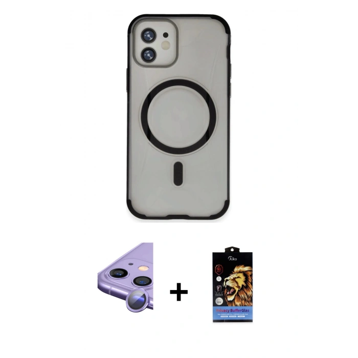 MARSİLYAN™- iPhone 11 Kılıf Eksen Klasik Koleksiyonu - Siyah Buffer Hayalet Cam Ekran Koruyucu + Raze Metal Kamera Lens - MR